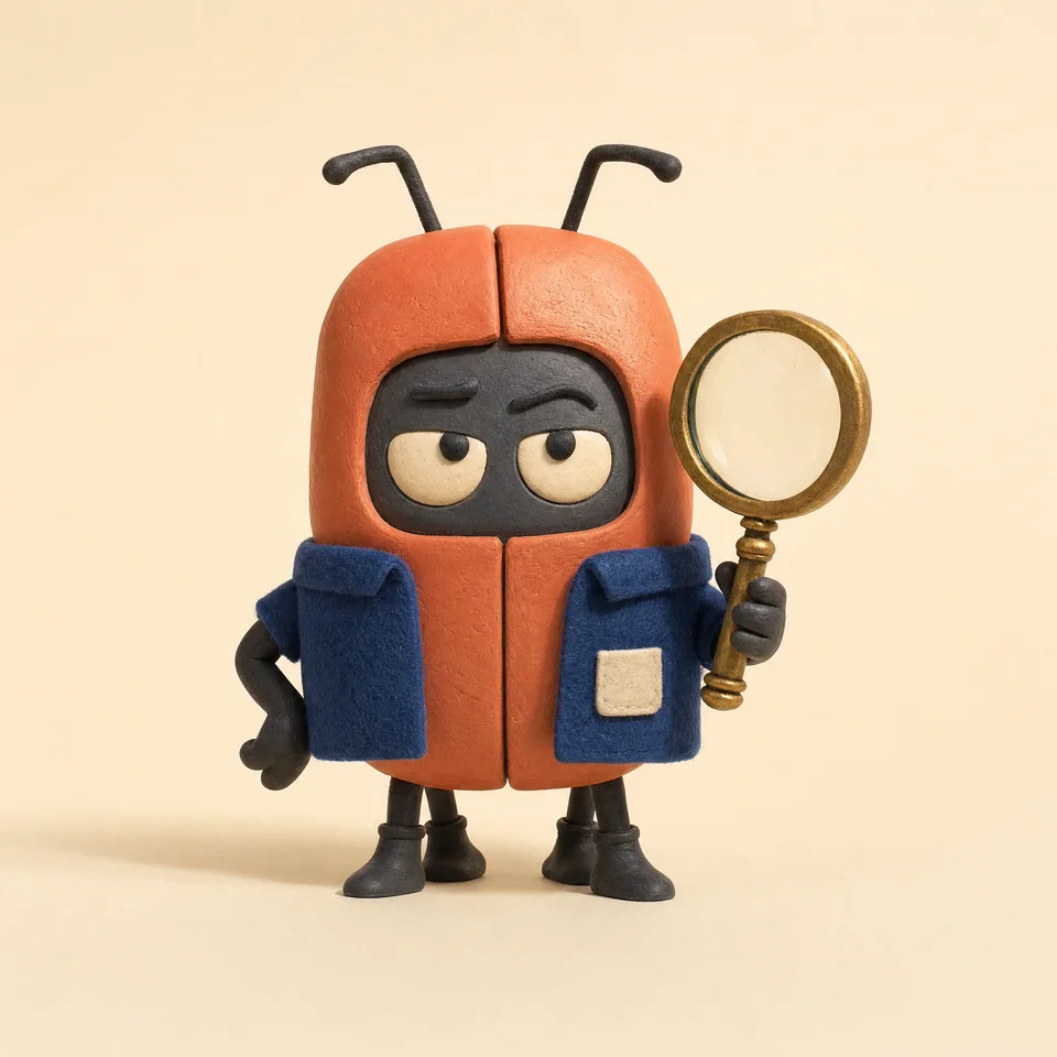 Spec, a sceptical coral bug in a blue work jacket, holding a magnifying glass.